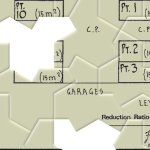 An aperiodic “hat” tile jigsaw effect with some pieces missing, the image on the tiles is a sepia-like section of a strata plan.