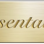 A bronze plaque with a decorative script engraving saying "Presentation".