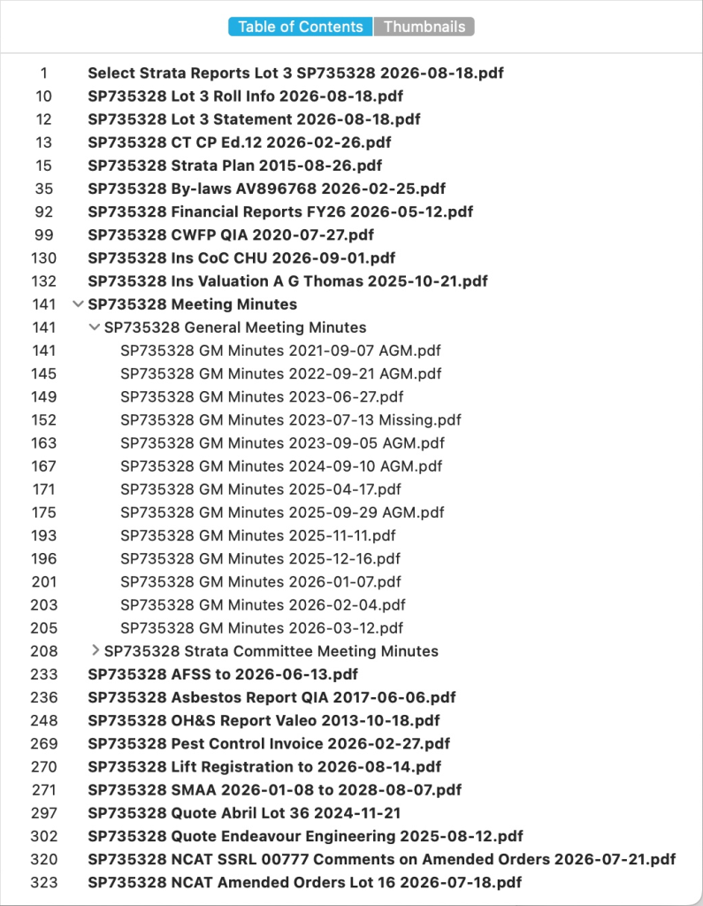 A PDF hierarchical table of contents, showing the filenames inherited from the individual components as TOC entry names.